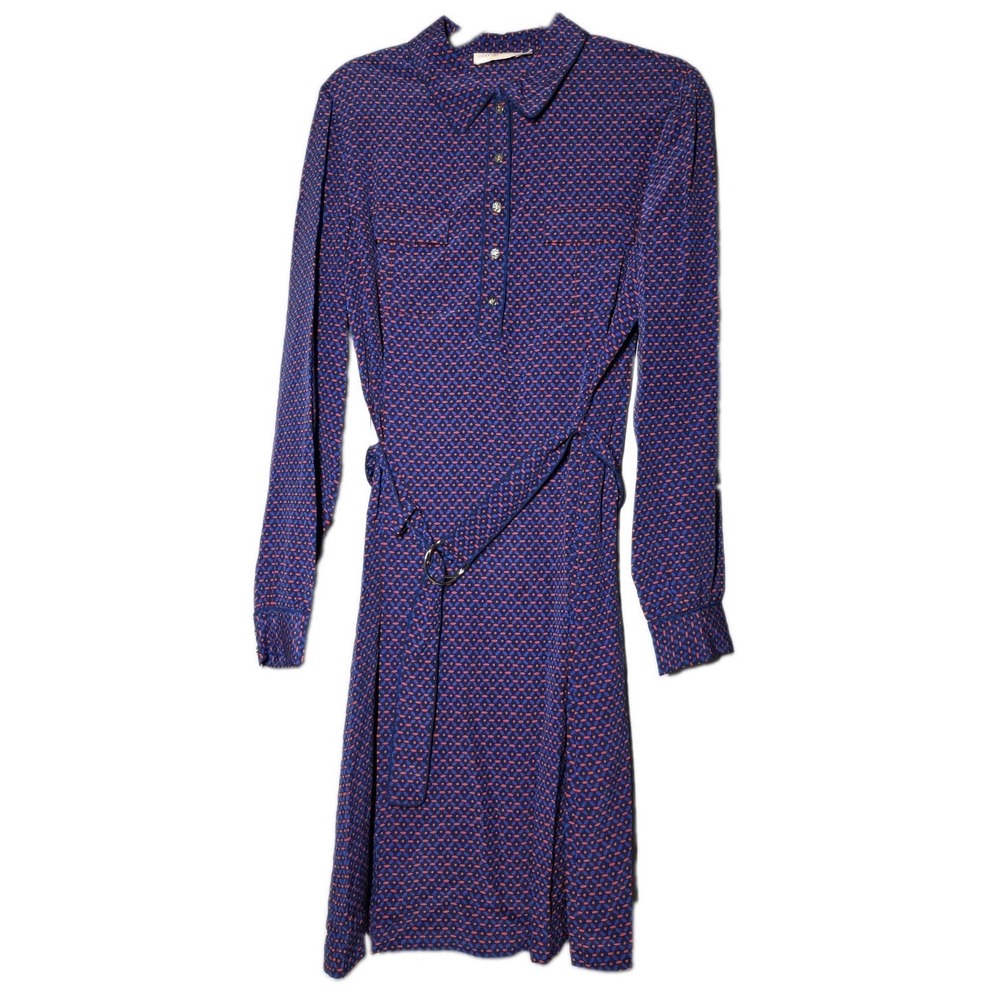 Tory Burch Silk Rylie Ocho Rios Elegant Belted Shirt Navy Patterned Dress Sz 10